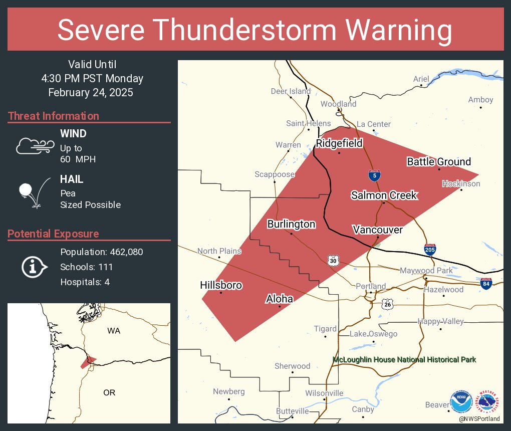 Severe Thunderstorm Warning including Vancouver WA, Hillsboro OR and  Aloha OR until 4:30 PM PST