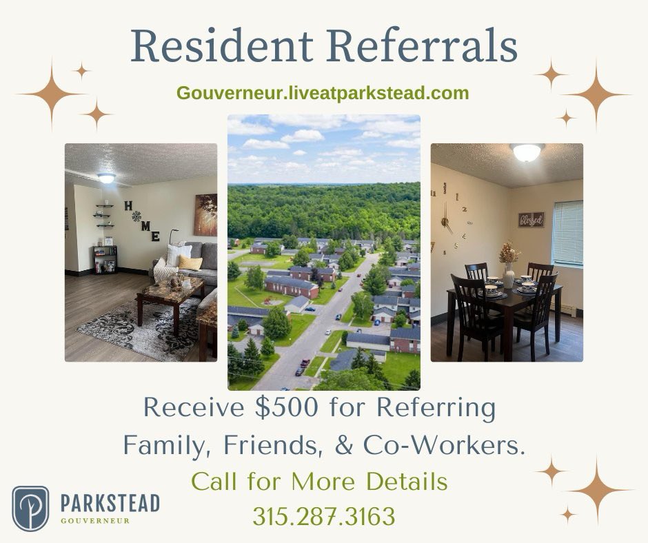Parkstead_Gov's tweet image. Did you know we have 6 floor plans to choose from?  Refer a friend today!  We pay referrals! Contact us for more information on how it works.  #referafriend #realtorreferrals #parksteadgouverneur #forrent #alwaysunited
