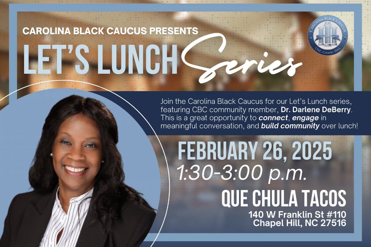 We hope to see you there this Wednesday!! 🍽️

📅 Date: February 26, 2025
 🕜 Time: 1:30–3:00 p.m.
 📍 Location: Que Chula Tacos
 140 W Franklin St., Chapel Hill, NC 27516
 
Join us for good food, great conversation, and community! See you there! #UNCCBC