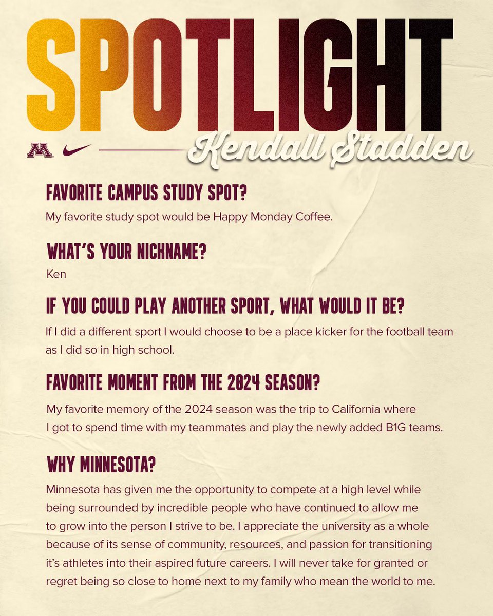 Gopher Soccer Spotlight: Kendall Stadden

Get to know more about Kendall below!👇

#ThisIsHome | #Gophers〽️