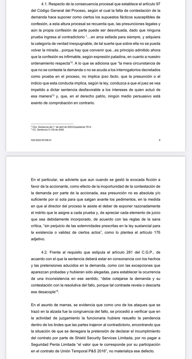 jairoparrac's tweet photo. FALTA DE CONTESTACIÓN. CONFESIÓN FICTA O PRESUNTA. PRUEBA EN CONTRARIO. TSB recuerda: Respecto de la consecuencia procesal que establece el artículo 97 del Código General del Proceso, según el cual la falta de contestación de la demanda hace suponer como ciertos los supuestos fácticos susceptibles de confesión, a esta altura procesal se recuerda que, las presunciones legales y aún la propia confesión de parte puede ser desvirtuada, dado que ninguna prueba ingresa al contradictorio “…en arca sellada para siempre, y adquiera la categoría de verdad inexpugnable, de tal suerte que sobre ella no se pueda volver la mirada… porque hay que convenir que...es principio admitido ahora que la confesión es infirmable, según expresión paladina, en cuanto a nuestro ordenamiento respecta. A lo que se adiciona que “la mera circunstancia de que no se conteste la demanda o no se acuda a los interrogatorios decretados como prueba en el proceso, no implica ipso facto, que la presunción o el indicio que esta conducta implica, según la ley, conduzca a que el juez se vea impelido a dictar sentencia desfavorable a los intereses de quien actuó de esa manera” y, que, en el derecho patrio, ningún medio persuasivo está exento de comprobación en contrario —⬇️⬇️—