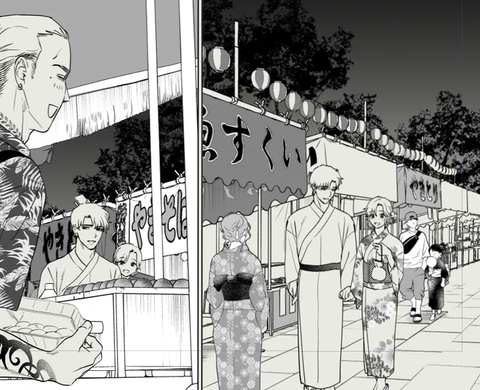 という事で同人誌は本編ではでてこなかった夏祭りとかも描いてるよ!(ここの背景はアシさんです!凄い!アシさんありがたい…!)完成お楽しみにしててくださいね!! 