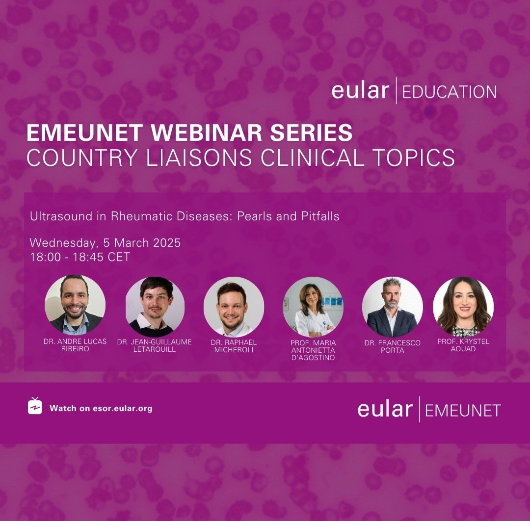 Don't miss this great opportunity to learn more about US in the EMEUNET-GRAPPA Webinar.

📅 Wednesday, March 5.
🕕 18:00-18:45 CET
💻 Topic: US in Rheumatic Diseases: Pearls and Pitfalls

👉 Register now: bit.ly/41aDXMW

<a href="/ramicheroli/">Raphael Micheroli</a> 
<a href="/krystelaouad/">Krystel Aouad</a> 
<a href="/JGLetarouilly/">Jean-Guillaume Letarouilly</a>