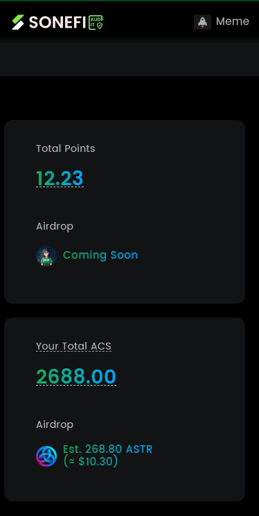 airbon2015's tweet image. #soneium
#ACS　
#SoneFi 
集計結果には soneFI のポイントないけどsoneFIではにASTR/WETH $1,438 STAKED/2日で12ポイントと268.80 ASTR($10.28)

soneFIに預けて ASTR貰うのと他でACS貯めてASTR貰うのどっちがお得なのかな。soneFIに$6,000で預けて1日520ASTR($20)でもええかな