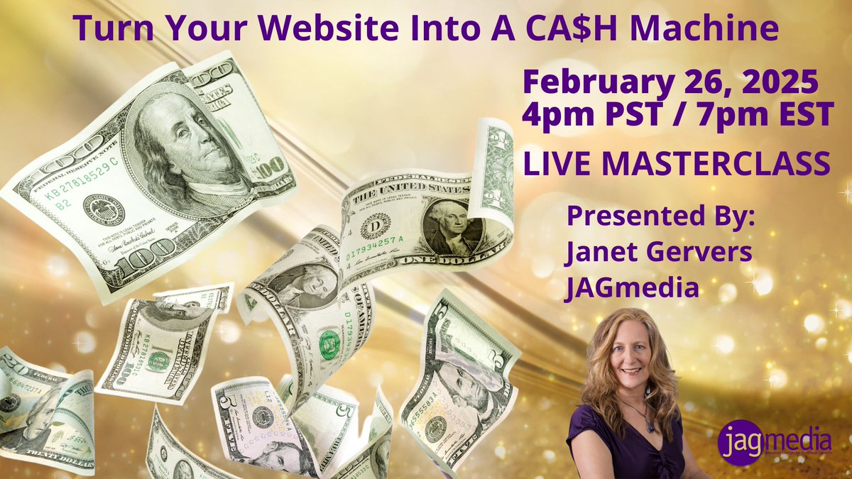 THIS WEDNESDAY 💸 Turn Your Website Into a CA$H Machine  
 I’m a Website Designer with 30 Years Experience with a wealth of website knowledge to share with you. 
🔗Register: jagmedia.net/masterclass
📅 Date: February 26, 2025  Live Masterclass