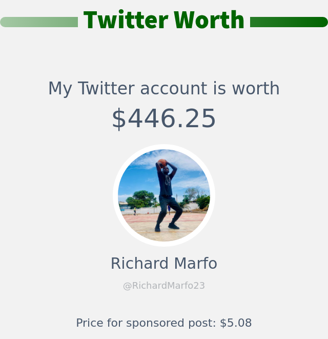 RichardMarfo23's tweet photo. My Twitter worth is: $446.25

➡️ https://t.co/nn3mMB1kXn https://t.co/Mwkieui7gY