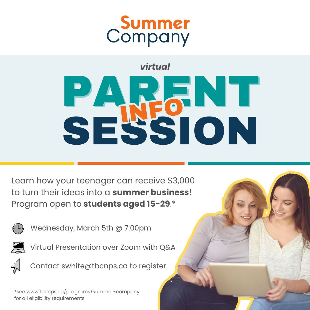 The Summer Company program offers students (ages 15-29) $3,000 in funding to help launch their own summer business.

Join The Business Centre Nipissing Parry Sound's Virtual Parent Info Session to find out how this program supports young entrepreneurs. buff.ly/3Lsa2Gj