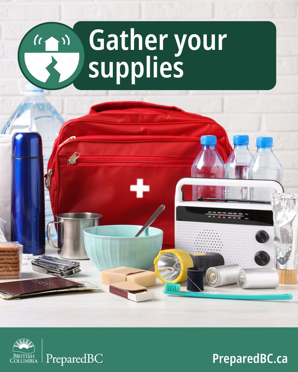 PreparedBC's tweet photo. After an earthquake, you may need to stay home without power or water. 

Prepare today by gathering supplies for your emergency kit ✔️

Don’t forget to add items specific to your needs, such as pet supplies ✔️

Learn more: https://t.co/75ksmdRSOv https://t.co/aBqqEjV5Oh