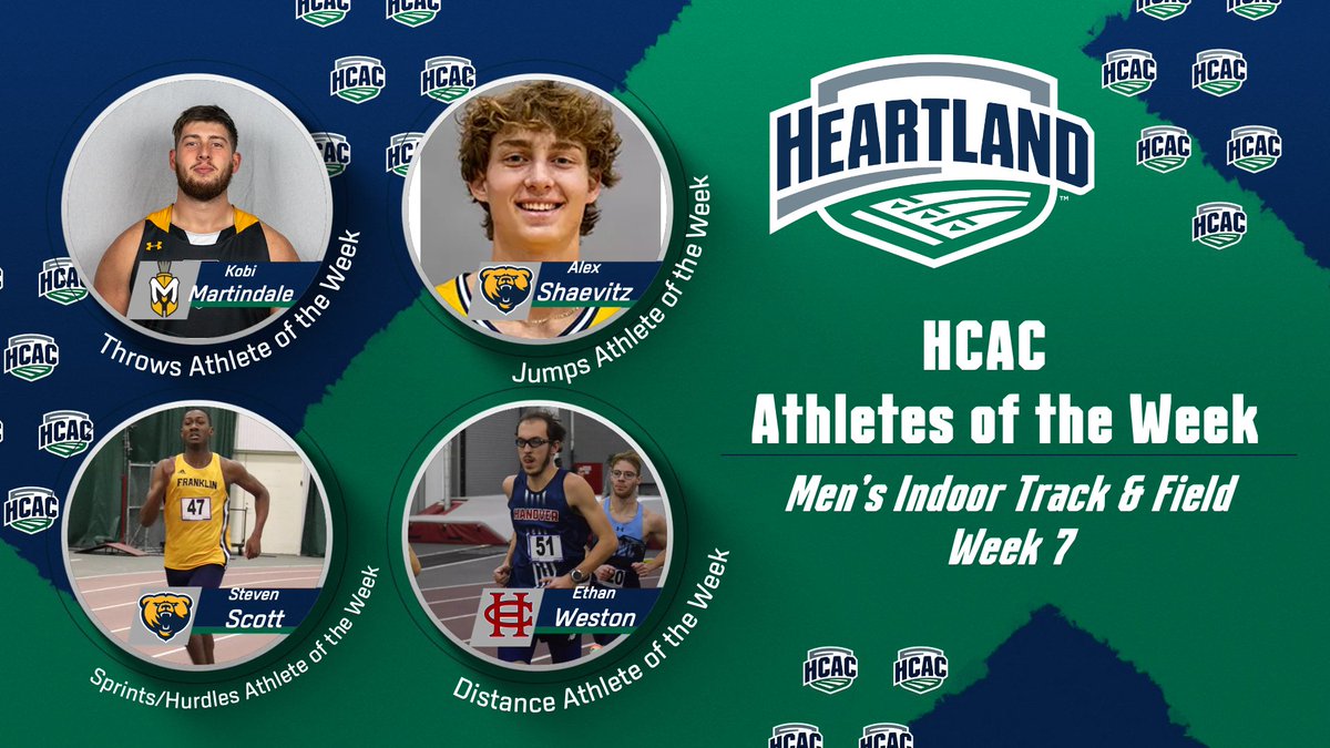 Heartland Collegiate Athletic Conference (@hcacdiii) on Twitter photo HCAC Men's Track & Field | Athletes of the Week
Congrats!
Throws: K. Martindale, <a href="/MUSpartans/">Manchester University Athletics</a>
Jumps: A. Shaevitz, <a href="/FCGrizAthletics/">Franklin Grizzlies</a>
Sprints/Hurdles: S. Scott, <a href="/FCGrizAthletics/">Franklin Grizzlies</a>
Distance: E. Weston, <a href="/HanoverPanthers/">Hanover Panthers</a>
🔗: tinyurl.com/bdftu4sj
#TheHeartOfD3 | #D3TF HCAC Men's Track & Field | Athletes of the Week
Congrats!
Throws: K. Martindale, <a href="/MUSpartans/">Manchester University Athletics</a>
Jumps: A. Shaevitz, <a href="/FCGrizAthletics/">Franklin Grizzlies</a>
Sprints/Hurdles: S. Scott, <a href="/FCGrizAthletics/">Franklin Grizzlies</a>
Distance: E. Weston, <a href="/HanoverPanthers/">Hanover Panthers</a>
🔗: tinyurl.com/bdftu4sj
#TheHeartOfD3 | #D3TF