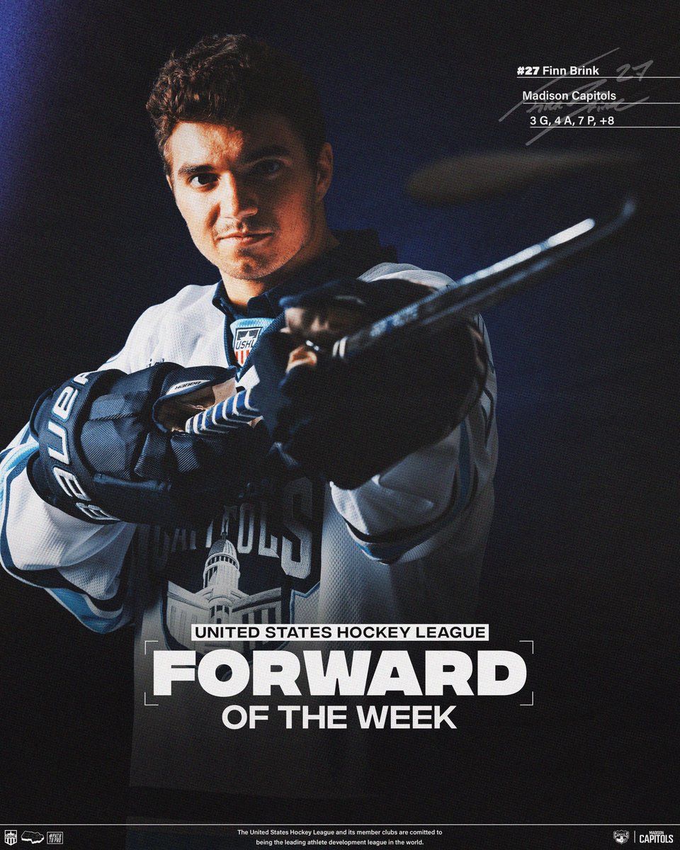 USHL (@ushl) on Twitter photo Finn Brink is your #USHL Forward of the Week 🏆
The <a href="/MadCapsHockey/">Madison Capitols</a> forward and <a href="/BadgerMHockey/">Wisconsin Hockey</a> commit scored three goals and added four assists this week. He also finished +8.
📝 shorturl.at/6eLsy Finn Brink is your #USHL Forward of the Week 🏆
The <a href="/MadCapsHockey/">Madison Capitols</a> forward and <a href="/BadgerMHockey/">Wisconsin Hockey</a> commit scored three goals and added four assists this week. He also finished +8.
📝 shorturl.at/6eLsy