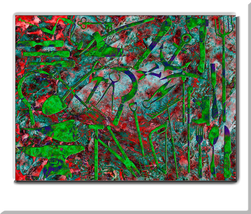 "Tools and Utensils"
50.0 cm x 37.5 cm | Signed Limited Edition Giclee Print
This vibrant artwork blends abstracted tools and into a swirling, dreamlike mix of crimson reds, lush greens, and teals.   Vibrant, abstract mix of tools and utensils in reds, greens, and teals.