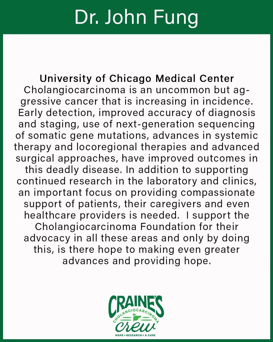 Lisa Craine (@lisamariecraine) on Twitter photo Cholangiocarcinoma Awareness Month
Dr. John Fung
<a href="/UCCancerCenter/">UChicagoCancerCenter</a> <a href="/UChicagoGI/">UChicago Digestive Diseases</a> <a href="/uchicagosurgery/">UChicago Surgery</a> <a href="/CrainesCrew/">Craine’s Cholangiocarcinoma Crew</a> <a href="/curecc/">Cholangiocarcinoma Foundation</a> <a href="/CCA_Alliance/">Global Cholangiocarcinoma Alliance</a> Cholangiocarcinoma Awareness Month
Dr. John Fung
<a href="/UCCancerCenter/">UChicagoCancerCenter</a> <a href="/UChicagoGI/">UChicago Digestive Diseases</a> <a href="/uchicagosurgery/">UChicago Surgery</a> <a href="/CrainesCrew/">Craine’s Cholangiocarcinoma Crew</a> <a href="/curecc/">Cholangiocarcinoma Foundation</a> <a href="/CCA_Alliance/">Global Cholangiocarcinoma Alliance</a>