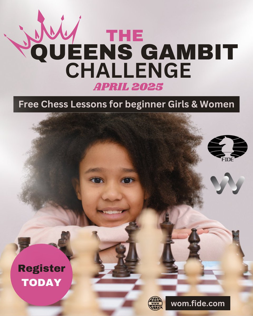 Have you heard of the Queen's Gambit Challenge? It's a 7 week crash course for females who would like to learn chess, and it's free! 🤯😍. Visit <a href="/FideWomen/">FIDE Commission for Women's Chess</a> website to register. 📝🤗