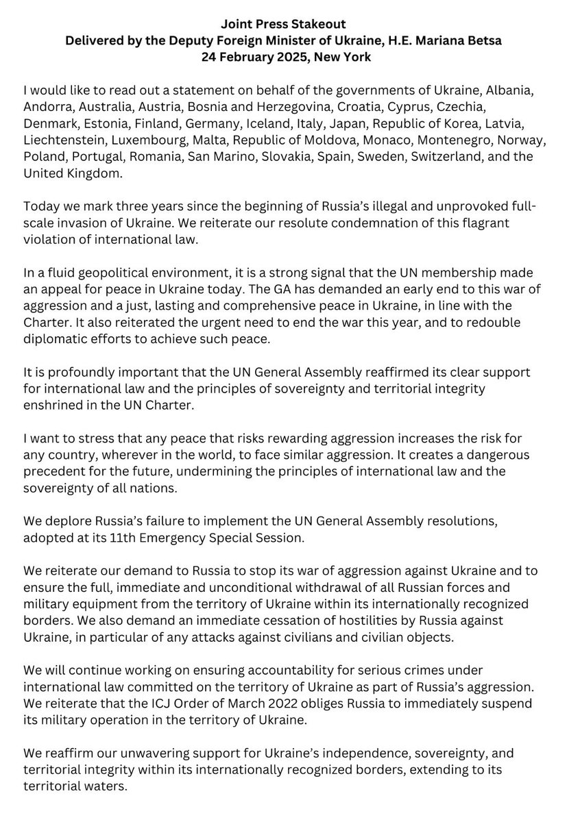 EUatUN's tweet photo. Marking 3 years since Russia’s full-scale war against Ukraine, @EUAmbUN Lambrinidis joined 🇺🇦Deputy FM @Mariana_Betsa &amp; co-sponsors of the Advancing Peace resolution to urge an end to the war this year &amp; to redouble diplomatic efforts to achieve a just peace. #StandWithUkraine https://t.co/98Tcx3cRyi