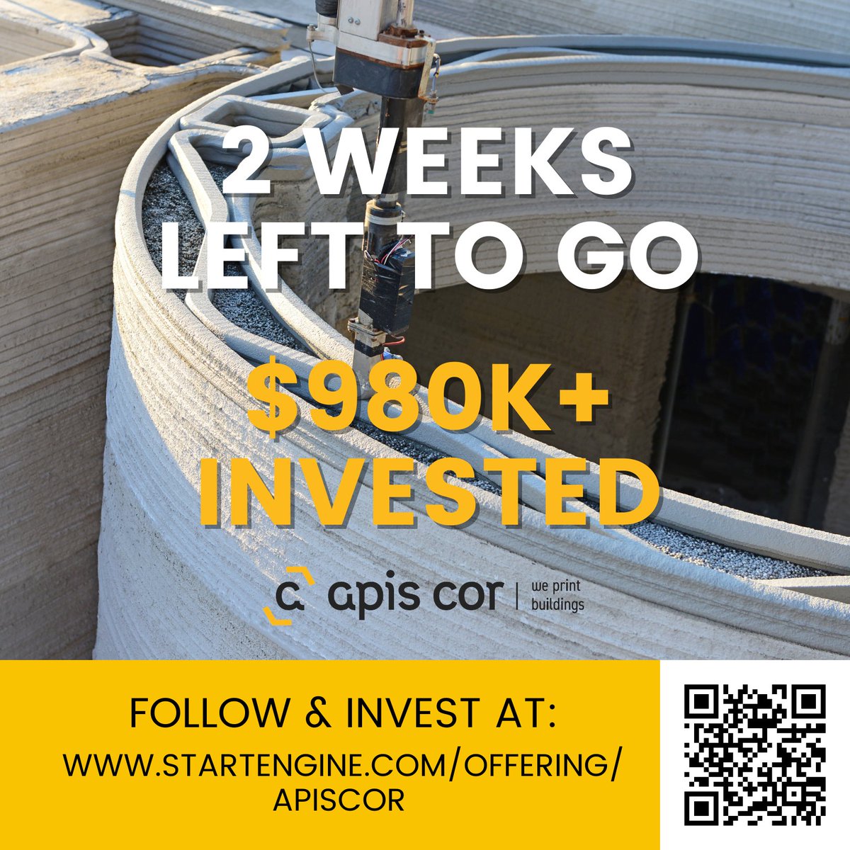 We are now officially two weeks out from our campaign's closing date! The countdown has started ⏳  

You can learn more, follow, and invest on StartEngine: hubs.la/Q0381V2Q0 

#3Dprinting #construction #constructioninnovation #crowdfunding #fundraising #investment