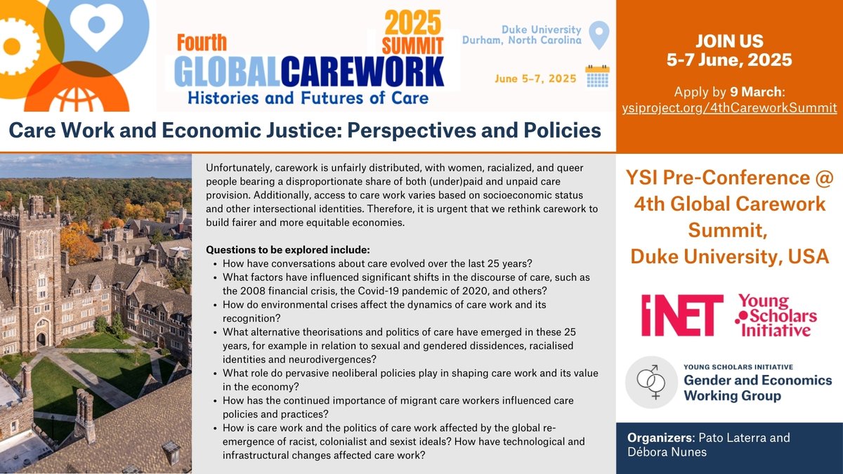 Join us for the YSI Pre-Conference at the 4th Global Carework Summit at Duke University, NC: June 5-7
Apply by March 9:
ysiproject.org/4thCareworkSum…