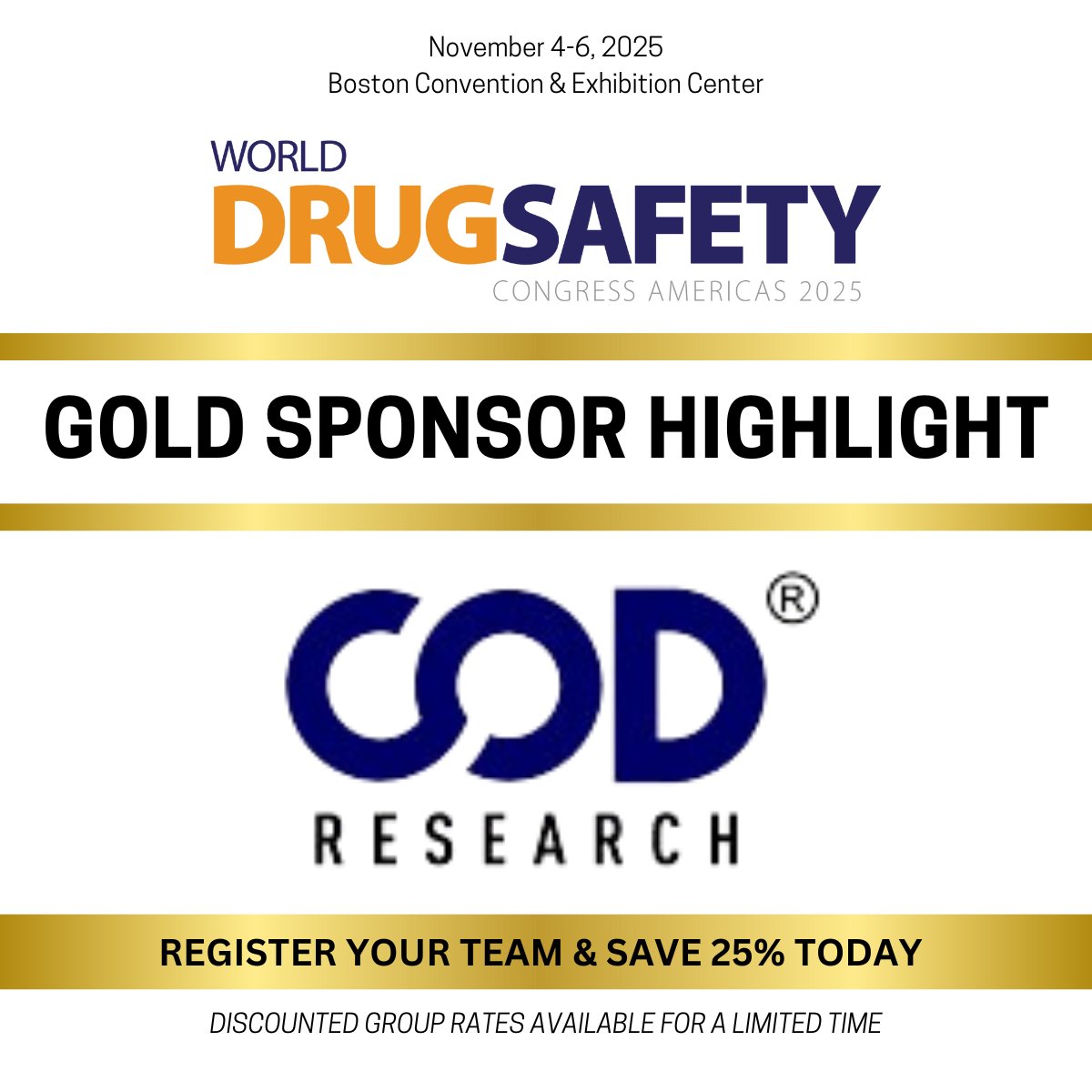 WDS_event's tweet photo. 📣 #WorldDrugSafety is excited to introduce our 2025 Gold Sponsor, COD Research, a technical full-service CRO offering end-to-end Clinical Trial Services, complemented by an industry-leading suite of specialized Pharmacovigilance Solutions.

COD Research's flexible working models are designed to seamlessly integrate with your teams, whether you require functional services for global studies or tailored on-site and off-site support. 🏆🌎

Don’t miss your opportunity to join the industry leaders shaping the future of pharmacovigilance like COD Research! ⚡️Register your team today and 𝐬𝐚𝐯𝐞 𝐮𝐩 𝐭𝐨 𝟐𝟓% 𝐰𝐢𝐭𝐡 𝐨𝐮𝐫 𝐝𝐢𝐬𝐜𝐨𝐮𝐧𝐭𝐞𝐝 𝐠𝐫𝐨𝐮𝐩 𝐫𝐚𝐭𝐞𝐬: https://t.co/mUjwHNr8K3

We have 𝐥𝐢𝐦𝐢𝐭𝐞𝐝 𝐬𝐮𝐩𝐩𝐥𝐲 𝐨𝐟 𝐟𝐫𝐞𝐞 𝐩𝐚𝐬𝐬𝐞𝐬 available to pharma and biotech affiliated SMEs, academia, and hospital representatives. ⚡️ 𝐂𝐥𝐚𝐢𝐦 𝐲𝐨𝐮𝐫𝐬 𝐭𝐨𝐝𝐚𝐲: https://t.co/UkmpZEXvun

Our 2025 expo floor is 𝐨𝐯𝐞𝐫 𝟔𝟓% 𝐬𝐨𝐥𝐝 𝐨𝐮𝐭 ⚠️
Inquire about securing a booth space here: https://t.co/yoIGy980GV

𝘓𝘰𝘰𝘬𝘪𝘯𝘨 𝘵𝘰 𝘭𝘦𝘢𝘳𝘯 𝘮𝘰𝘳𝘦 𝘢𝘣𝘰𝘶𝘵 𝘦𝘹𝘩𝘪𝘣𝘪𝘵𝘪𝘯𝘨 𝘢𝘯𝘥 𝘴𝘱𝘰𝘯𝘴𝘰𝘳𝘴𝘩𝘪𝘱 𝘰𝘱𝘱𝘰𝘳𝘵𝘶𝘯𝘪𝘵𝘪𝘦𝘴? Download our sponsorship brochure here: https://t.co/8SjMVLJKec