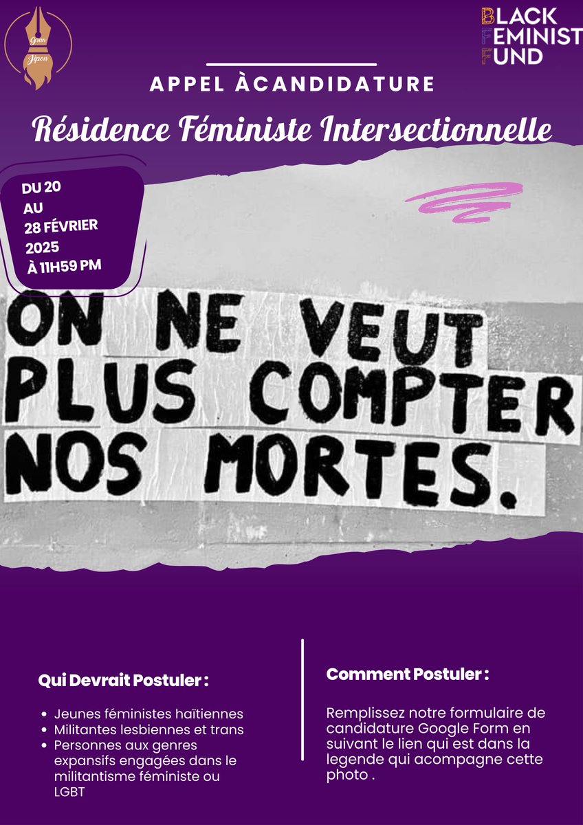 🌟🏳️‍🌈  Et voilà !!  postuler pour notre Résidence Féministe Intersectionnelle en Haïti !  Remplissez le formulaire ici ➡️ docs.google.com/forms/d/16jGst… Date limite : 20  au 28 fevrier 2025, 11h59 (heure locale d'Haïti).  On vous attend! #Féminisme #Haïti