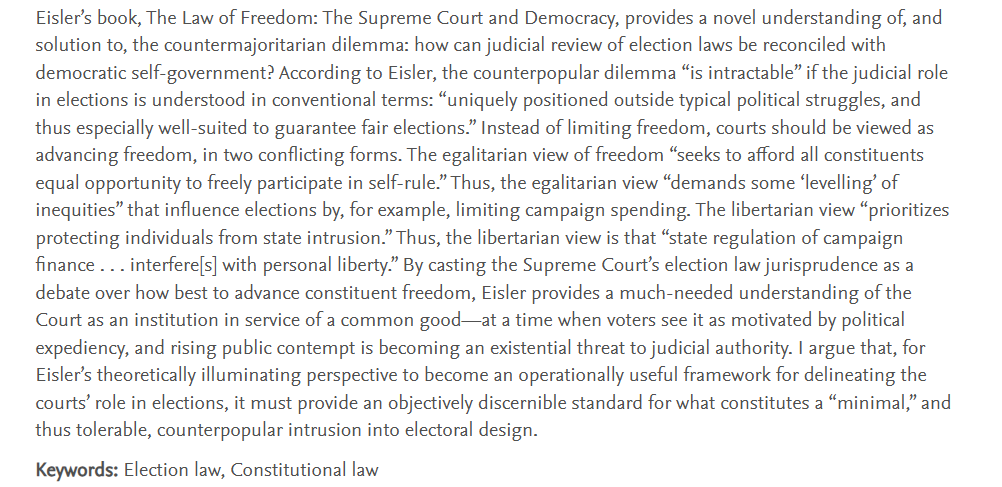 yunsieg's tweet photo. My review of @jacob_eisler's book, The Law of Freedom: The Supreme Court and Democracy (@CambridgeUP), will be published in the Southern California Law Review Postscript @SCalLRev. I strongly recommend the book for anyone interested in courts &amp; election law. #newlawreviewarticles https://t.co/ARSDdX8VMm