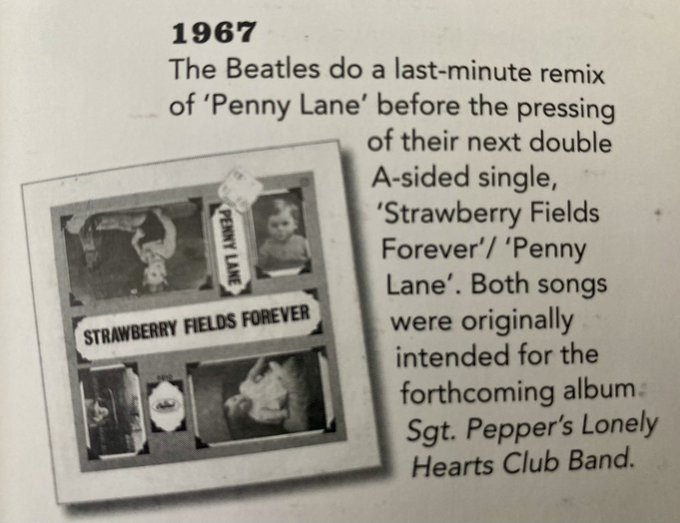 #aDayLikeToday by #EraDinosaurio
1966 The Beatles hacen una mezcla de último momento de Penny Lane previo a la edición de su nuevo sencillo doble cara A  Strawberry Fields Forvever/Penny Lane: de inicio ambas canciones estaban pensadas para el álbum Sgt Pepper's ...👇
#TheBeatles