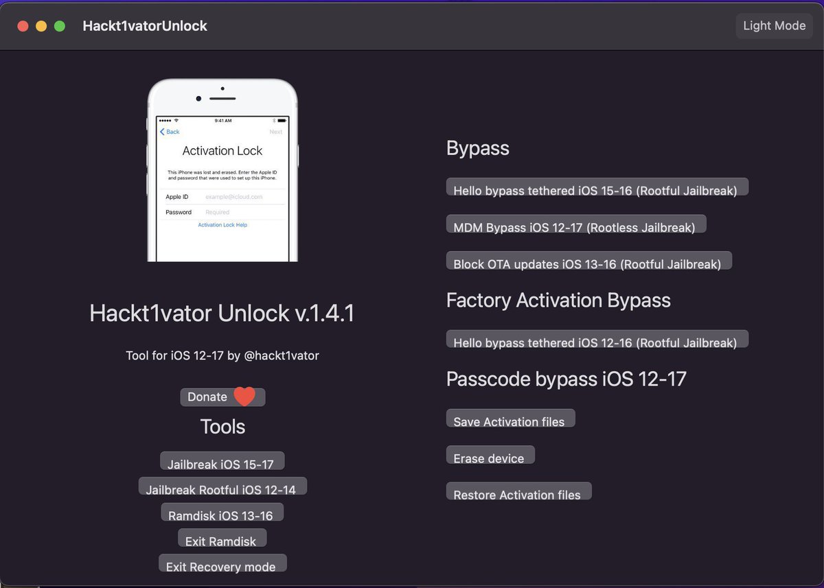صدر تحديث لتطبيق 
Hackt1vator 
خاص لتجاوز صفحة الايكلاود تخطي لنظام IOS12 والى IOS17 على اجهزة X واقل التي تعمل بنظام checkm8 وتخطي رمز المرور
التطبيق مجاني يسمح في التخطي والغاء التحديثات
دعم نظام macOS 1.4.1
دعم IOS17
للتحميل ويندوز وماك عبر الرابط
hackt1vator.com
يتبع