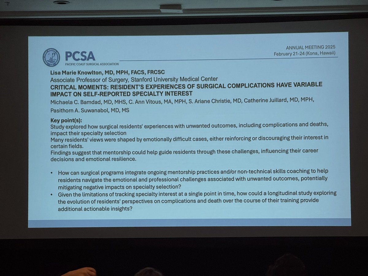StanfordSurgery's tweet photo. Dr. Bamdad @UCLAHealth found surgical complications had both positive &amp; negative impacts on specialty selection. @LisaMKnowlton asks: How can programs integrate ongoing mentorship practices to help residents navigate emotional challenges &amp; mitigate negative impacts?  #PCSA2025 https://t.co/6r9xQ4sTgP