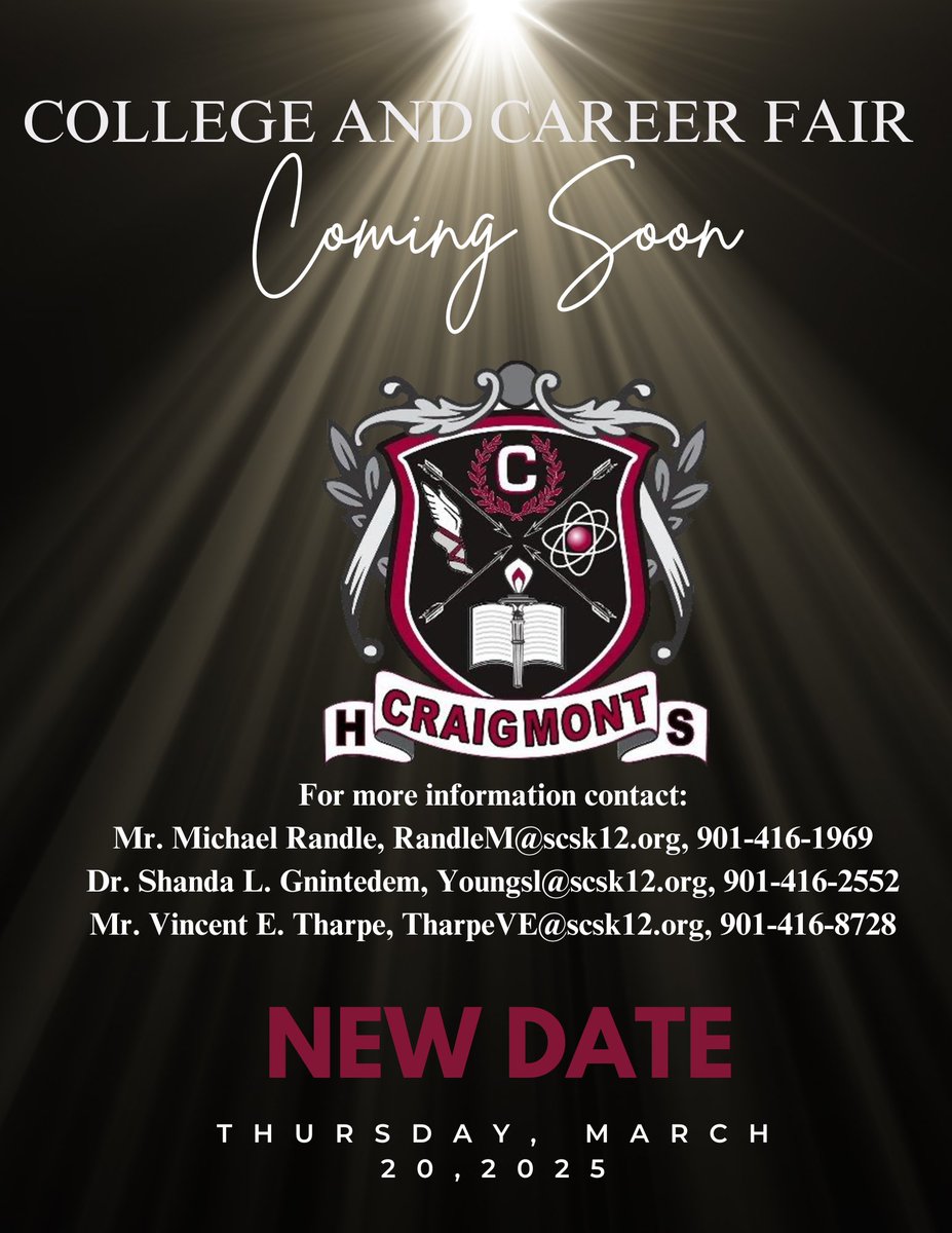 Craigmont High School (@craigmonths901) on Twitter photo Mark your calendars for our new date. <a href="/MSCSK12/">Memphis-Shelby Co. Schools</a> <a href="/voiceofmscs/">88.5FM & C19TV</a> <a href="/SCSOptional/">MSCS OPTIONAL SCHOOLS & ADVANCED ACADEMICS</a> Mark your calendars for our new date. <a href="/MSCSK12/">Memphis-Shelby Co. Schools</a> <a href="/voiceofmscs/">88.5FM & C19TV</a> <a href="/SCSOptional/">MSCS OPTIONAL SCHOOLS & ADVANCED ACADEMICS</a>