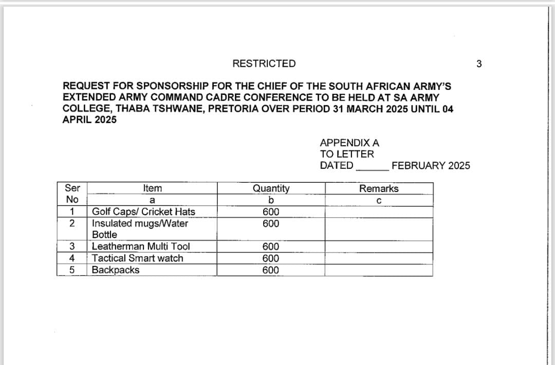 In prep for the upcoming Extended Army Command Cadre Conference, the chief of the army has continued his reign of insensitivity, asking for sponsorship to buy unnecessary and expensive merchandise for his fellow cadres. With #SANDF in crisis, and in need of leadership, the chief