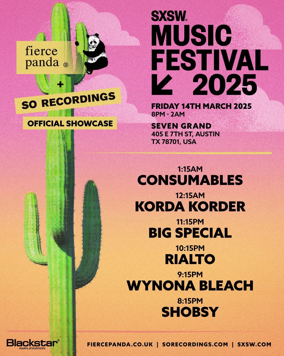 Fierce Panda Records (@_fiercepanda) on Twitter photo ๐ค ๐บ๐ธWe're back <a href="/sxsw/">SXSW</a> this year with an official showcase!
This year we've teamed up with our brothers & sisters over <a href="/SoRecordings/">SO Recordings</a> to bring you Consumables + <a href="/KordaKorder/">Korda Korder</a> + <a href="/BIGSPECIAL_/">BIG SPECIAL</a> + Rialto + <a href="/wynonableach/">Wynona Bleach</a> + <a href="/shobsymusic/">Shobsy</a>
๐ค ๐บ๐ธ
<a href="/Blackstaramps/">Blackstar Amps</a> ๐ค ๐บ๐ธWe're back <a href="/sxsw/">SXSW</a> this year with an official showcase!
This year we've teamed up with our brothers & sisters over <a href="/SoRecordings/">SO Recordings</a> to bring you Consumables + <a href="/KordaKorder/">Korda Korder</a> + <a href="/BIGSPECIAL_/">BIG SPECIAL</a> + Rialto + <a href="/wynonableach/">Wynona Bleach</a> + <a href="/shobsymusic/">Shobsy</a>
๐ค ๐บ๐ธ
<a href="/Blackstaramps/">Blackstar Amps</a>