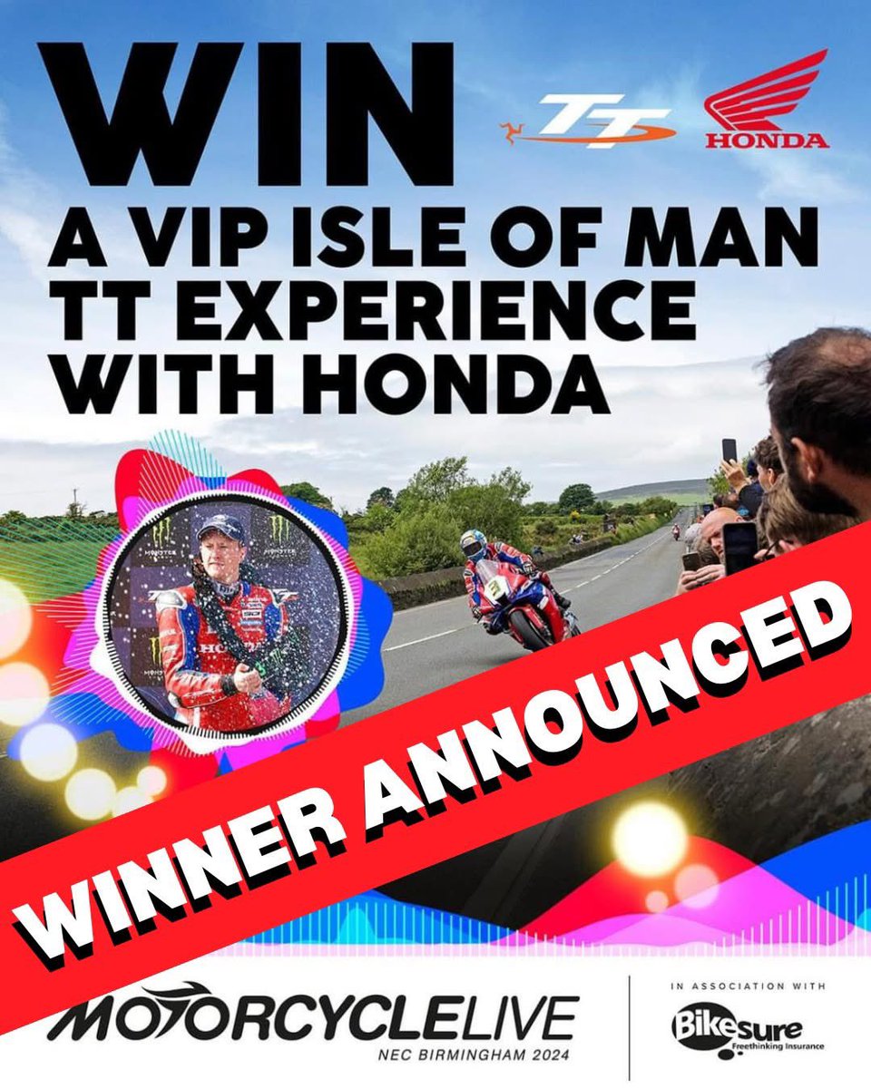 Congratulations to Bob Martin! 

You've won the VIP experience to the Isle of Man TT with Honda! 

We are thrilled to have you as part of the Honda family. This incredible competition has given you and your son a VIP money can't buy experience to experience the thrill and