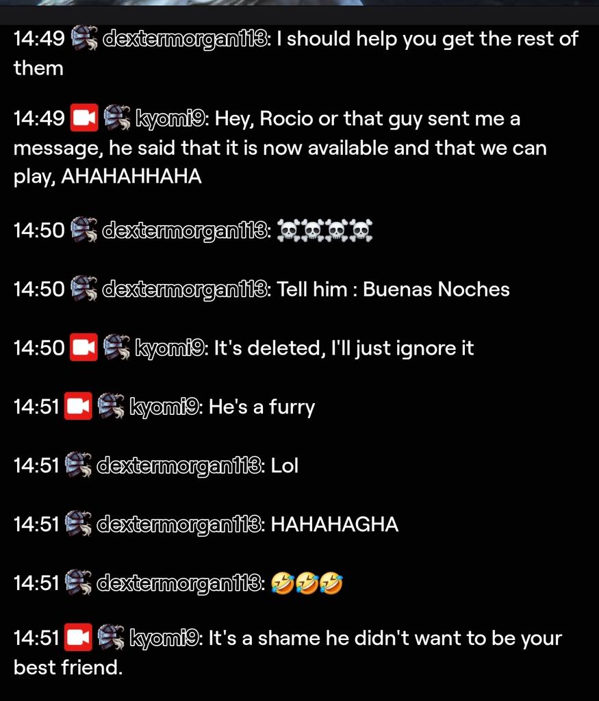 lucy17idk's tweet photo. Traducción: "Hey Dexter, Rocío me dijo que quiere jugar conmigo, Jajajaja 💀
Kyomi: Él dijo: Buenas noches
Ya la borré, solo hay que ignorarlo.
Él es furro... Jajajajgh 🤣"

Mi inglés no es nada bueno pero el contexto fue: Estuve jugando con ellos y se burlaron de mí..." https://t.co/kUD379lgkw