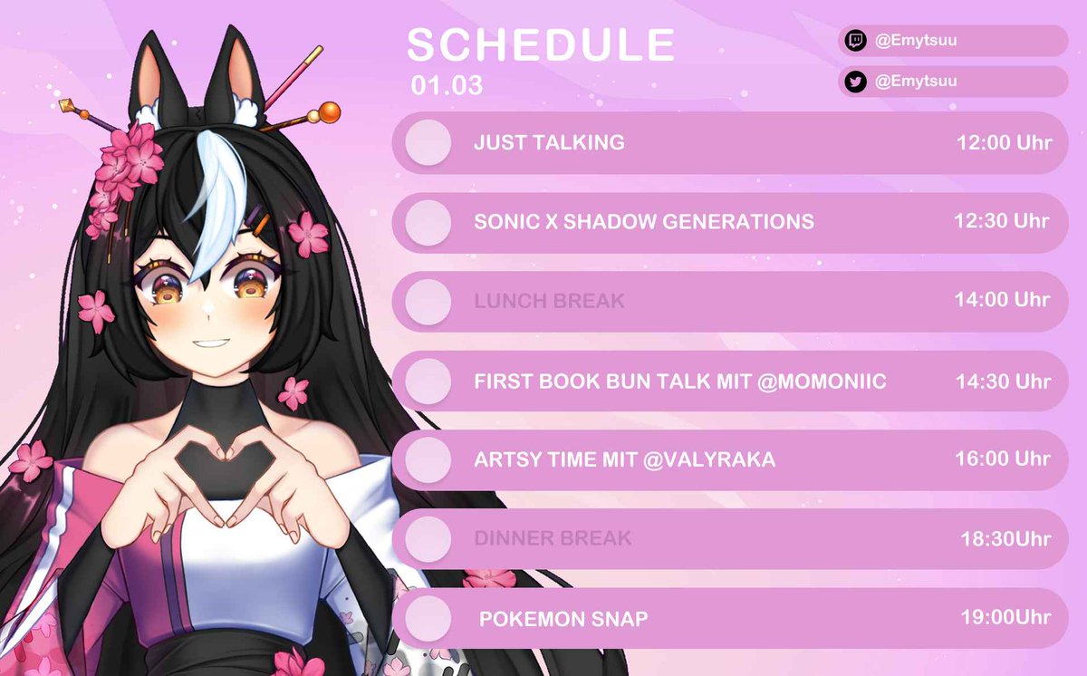 emytsuu's tweet photo. 💕🌸Redebut Steam Scedule🌸💕
Heute ist es soweit!
Hier ist der Plan für den 12H Stream!
Freut euch auf jede menge Neuerungen und viele tolle Menschis zu Gast!🥰
Bist du dabei?
#Vtuber #GerVtuber #Redebut #12hstream https://t.co/JWV4oY6PJ5