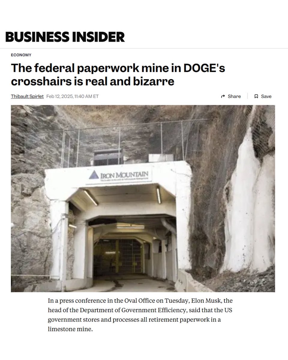Thanks <a href="/elonmusk/">Elon Musk</a> for spotlighting this mind-blowing reality: America's retirement system is LITERALLY underground! ⛏️ 

A limestone cave 230ft below PA processes federal retirement papers:
• 10,000+ applications monthly
• 700+ workers underground
• Paper files in caverns
•