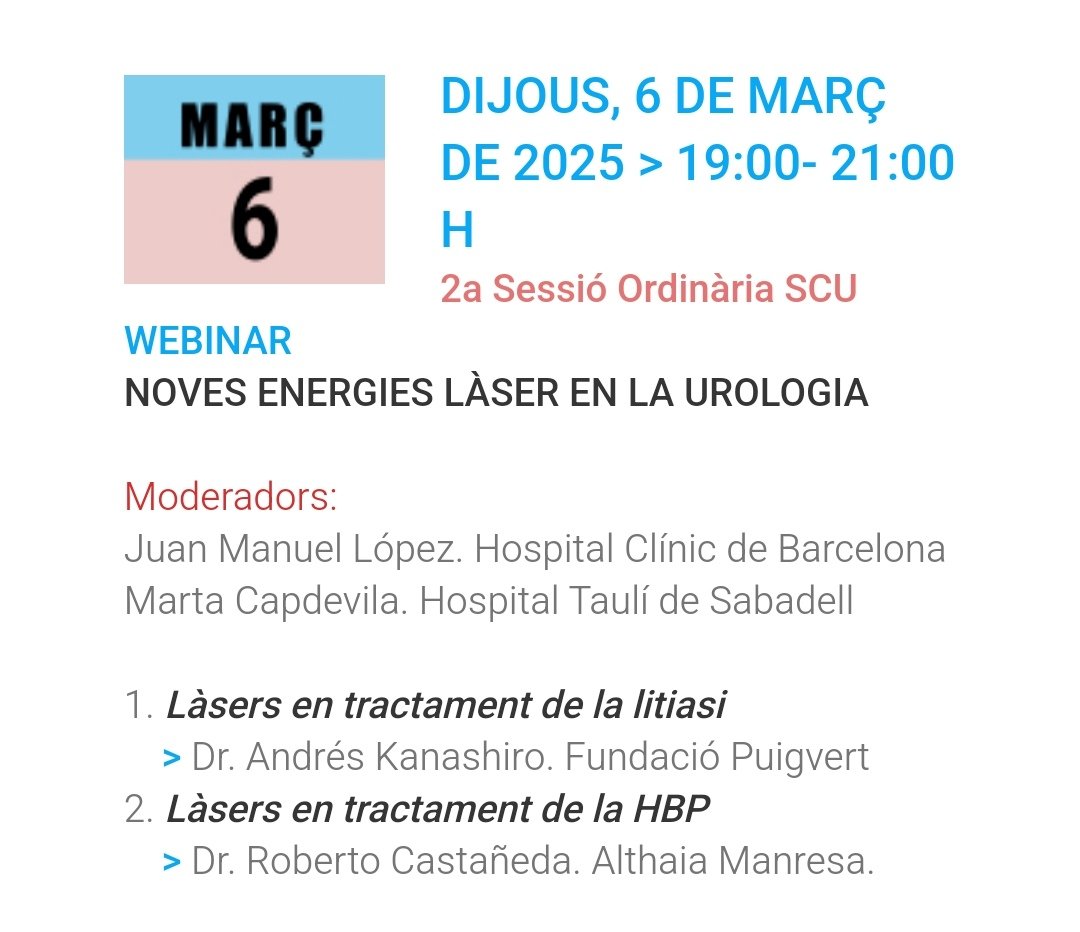 ‼️Tornem amb la següent sessió del curs acadèmic 2024-2025.

🌐 Noves energies làser en urologia.

🗓️ El dijous 6 de març a les 19h

Us hi esperem!