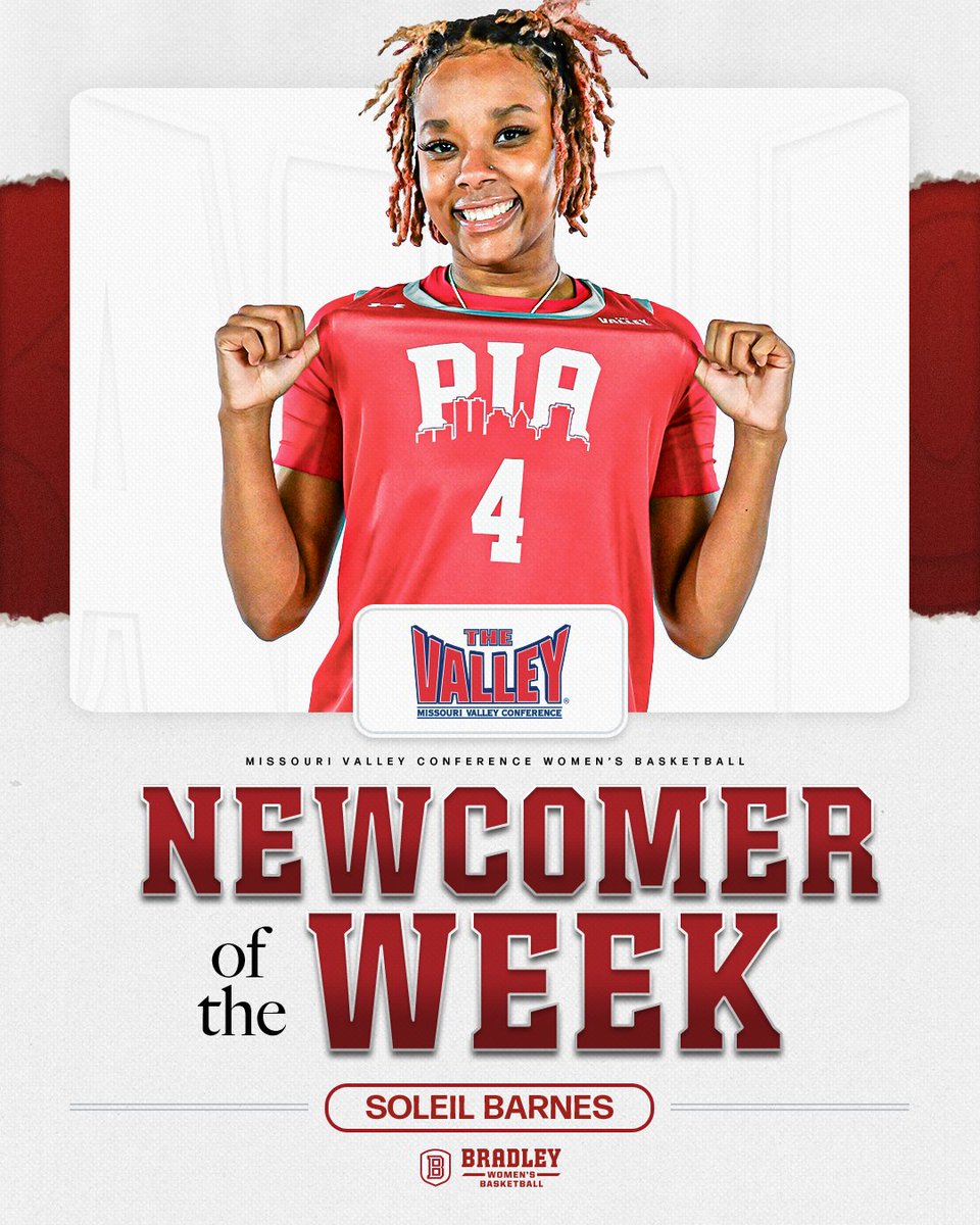 BradleyWBB's tweet photo. 𝙏𝙃𝘼𝙏'𝙎 𝙊𝙐𝙍 𝙂𝙄𝙍𝙇👏👏

Soleil Barnes has been named the MVC Newcomer of the Week for the third time this season for her 30-point performance against Illinois State! https://t.co/IgV4esQFzd