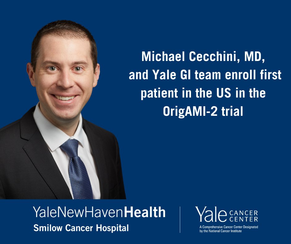 Yale Cancer Center (@yalecancer) on Twitter photo Congratulations to the <a href="/YaleGICancers/">Center for Gastrointestinal Cancers</a> team and <a href="/Cecchini_OncMD/">Michael Cecchini</a> for enrolling the 1st patient in the US in the OrigAMI-2 trial for unresectable or metastatic left-sided colorectal cancer. Learn more about the study:
medicine.yale.edu/ycci/clinicalt… #CRC #CRCSM
<a href="/SmilowCancer/">Smilow Cancer Hospital</a> <a href="/YaleMed/">Yale School of Medicine</a> <a href="/YNHH/">Yale New Haven Hosp</a> Congratulations to the <a href="/YaleGICancers/">Center for Gastrointestinal Cancers</a> team and <a href="/Cecchini_OncMD/">Michael Cecchini</a> for enrolling the 1st patient in the US in the OrigAMI-2 trial for unresectable or metastatic left-sided colorectal cancer. Learn more about the study:
medicine.yale.edu/ycci/clinicalt… #CRC #CRCSM
<a href="/SmilowCancer/">Smilow Cancer Hospital</a> <a href="/YaleMed/">Yale School of Medicine</a> <a href="/YNHH/">Yale New Haven Hosp</a>