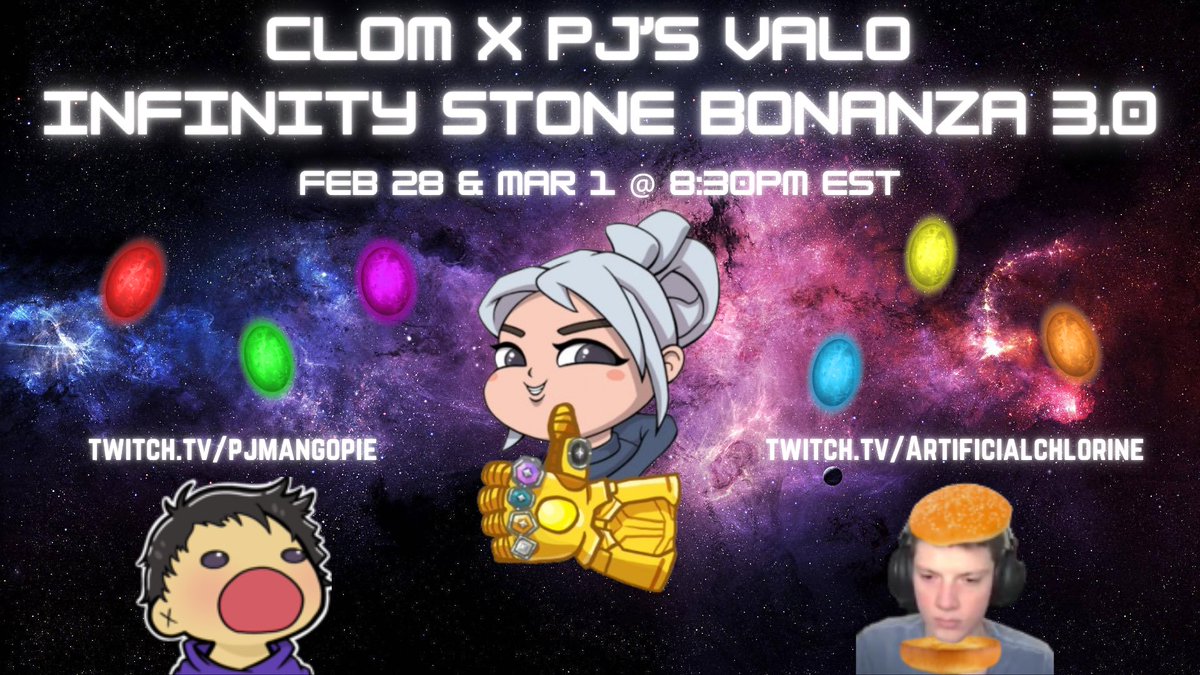 <a href="/ArtificialCl_/">Artificial Chlorine</a> and I are running it back with our Valo Infinity Stone Bonanza 3.0! We have some old heads returning plus some new faces too! Super hyped to be hosting this again so come check us out on Friday the 28th at 8:30PM est 🥳
