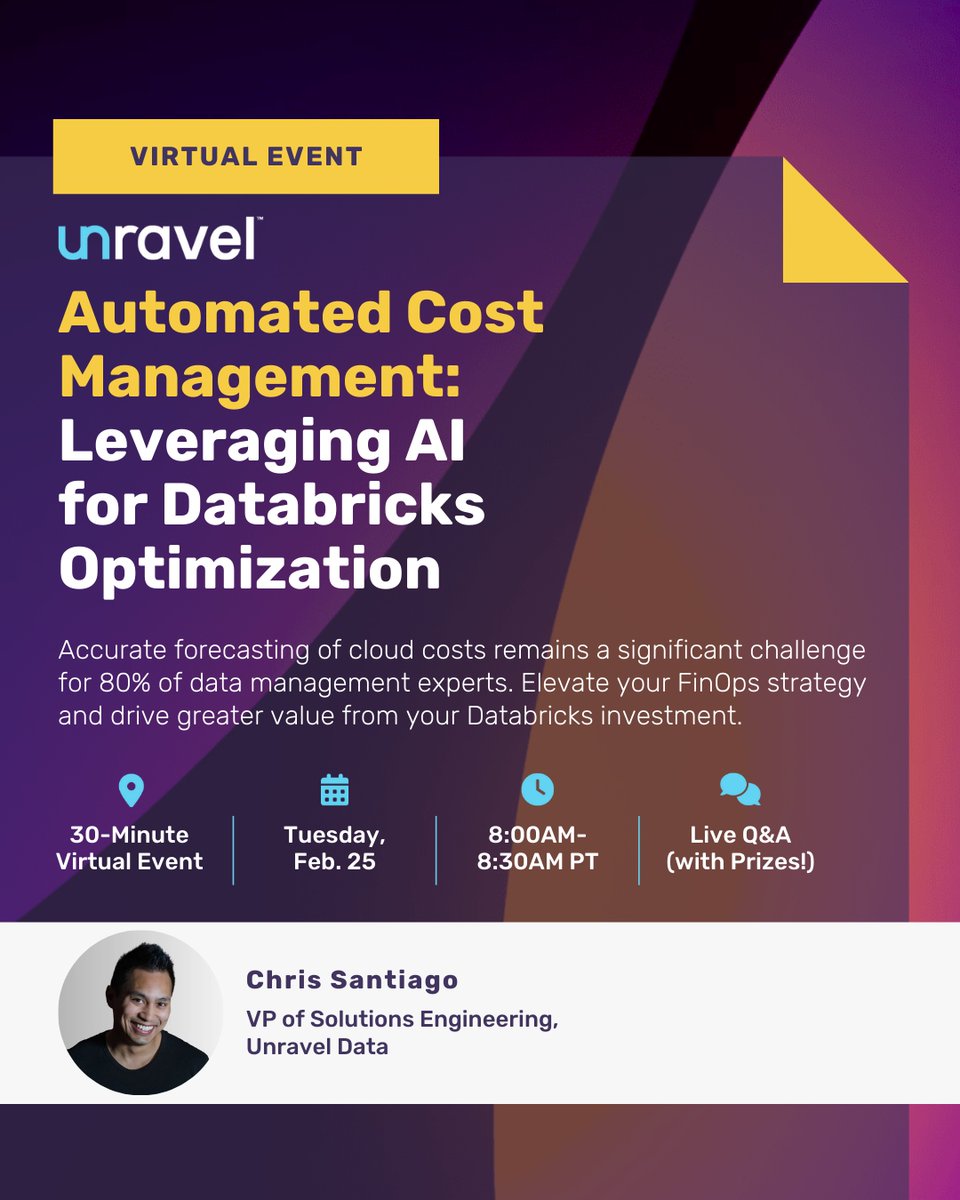 Unravel Data (@unraveldata) on Twitter photo 80% of data experts struggle with accurate cloud cost forecasting—but AI can change that.
Discover how AI-powered insights can transform your Databricks cost management from reactive to proactive.
Register now & start optimizing: unraveldata.net/4357uca 80% of data experts struggle with accurate cloud cost forecasting—but AI can change that.
Discover how AI-powered insights can transform your Databricks cost management from reactive to proactive.
Register now & start optimizing: unraveldata.net/4357uca