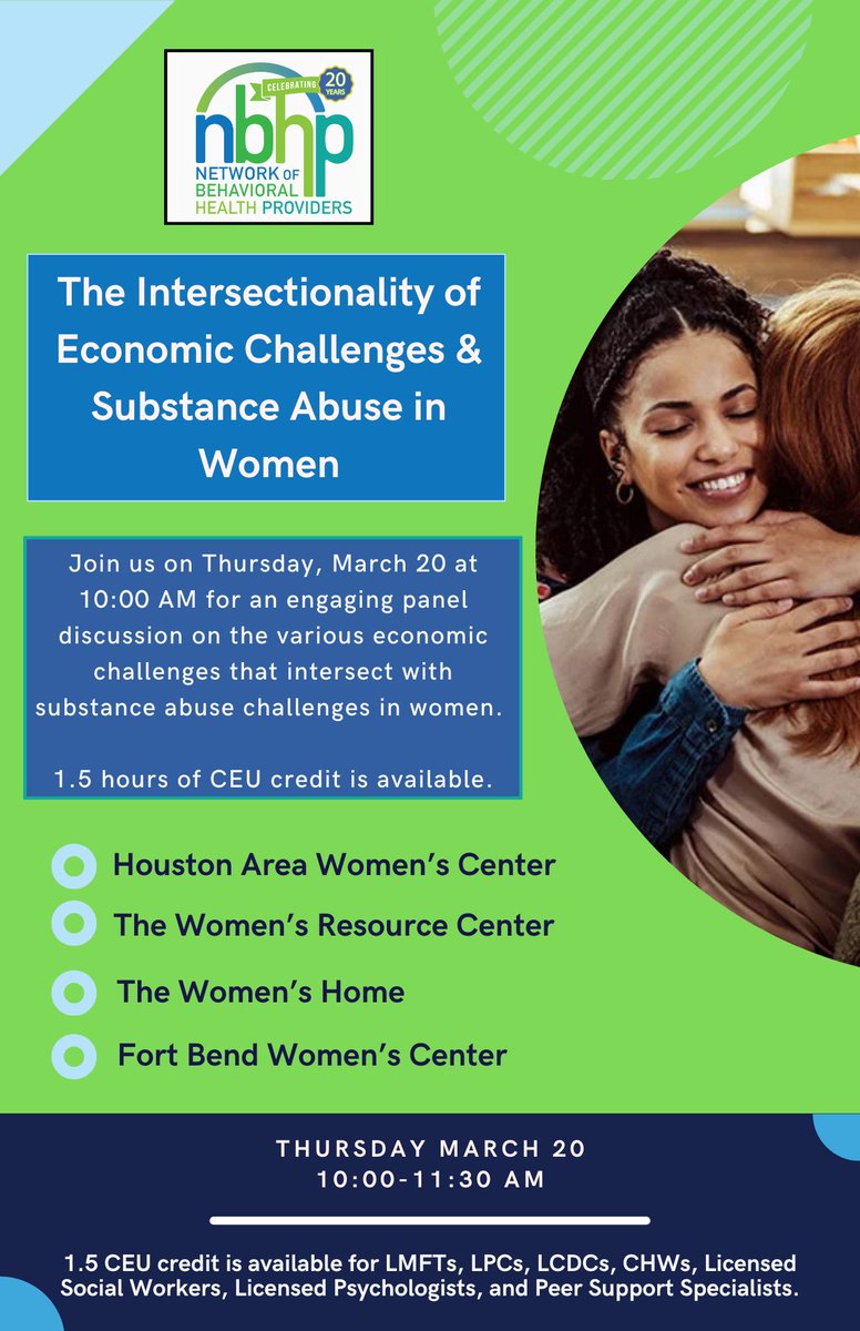 Please join NBHP for this special panel presentation and discussion! 

Register here: nbhp.org/march-ceu-5070…

Panelists: 
- <a href="/hawctalk/">HAWC</a> 
- Fort Bend Women's Center 
- <a href="/thewomenshome/">The Women's Home</a> 
- The Women's Resource Center
