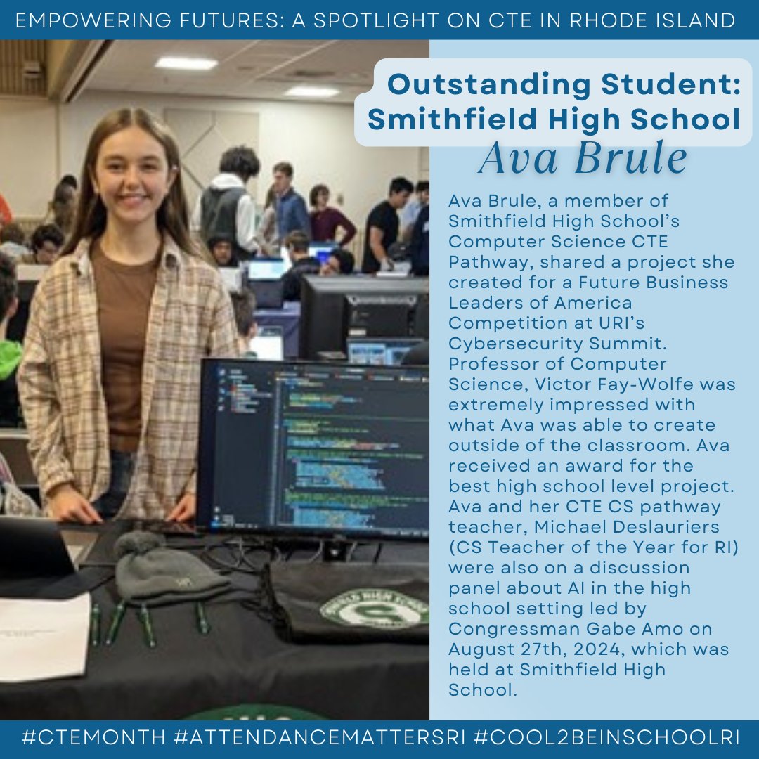 .<a href="/SHSSentinels/">SHSSentinels</a> Ava Brule is part of the school’s computer science #CTE pathway and recently shared a project she created for a <a href="/FBLA_National/">FBLA National</a> competition at the <a href="/universityofri/">URI</a> Cybersecurity Summit. #CTEMonth