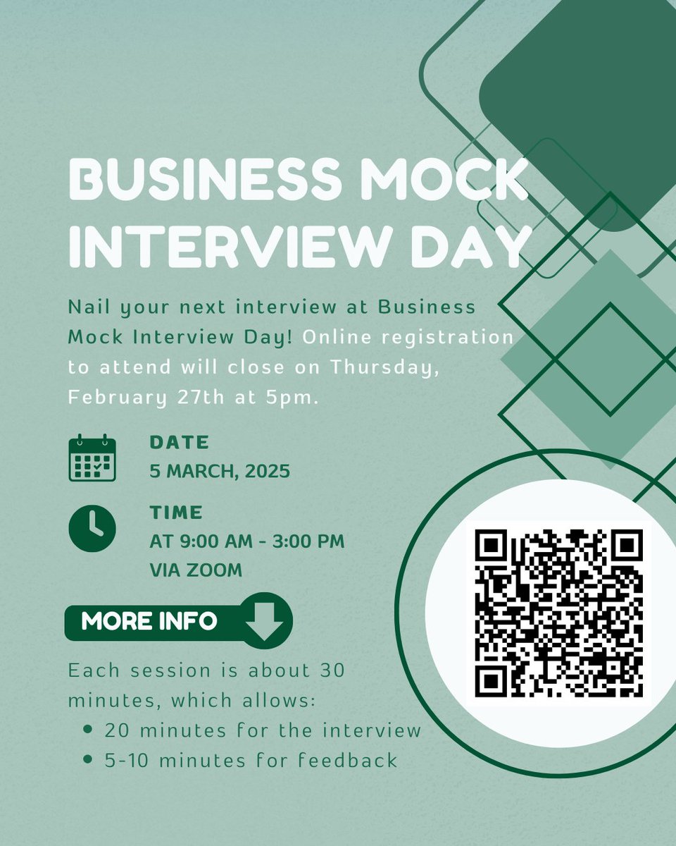 Nail your next interview at Business Mock Interview Day! Online registration will close on Thursday, February 27th at 5pm.