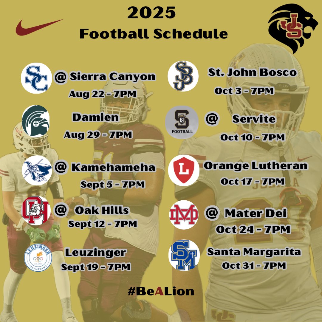 JSerra Football (@jserra_football) on Twitter photo It’s About That Time ‼️
Here is the Official 2025 JSerra Football Schedule. 
Mark your Calendars to come out and support your JSerra Lions! 🦁🔥 
#BeALion #OneBloodFootball #NewEraJSerra It’s About That Time ‼️
Here is the Official 2025 JSerra Football Schedule. 
Mark your Calendars to come out and support your JSerra Lions! 🦁🔥 
#BeALion #OneBloodFootball #NewEraJSerra