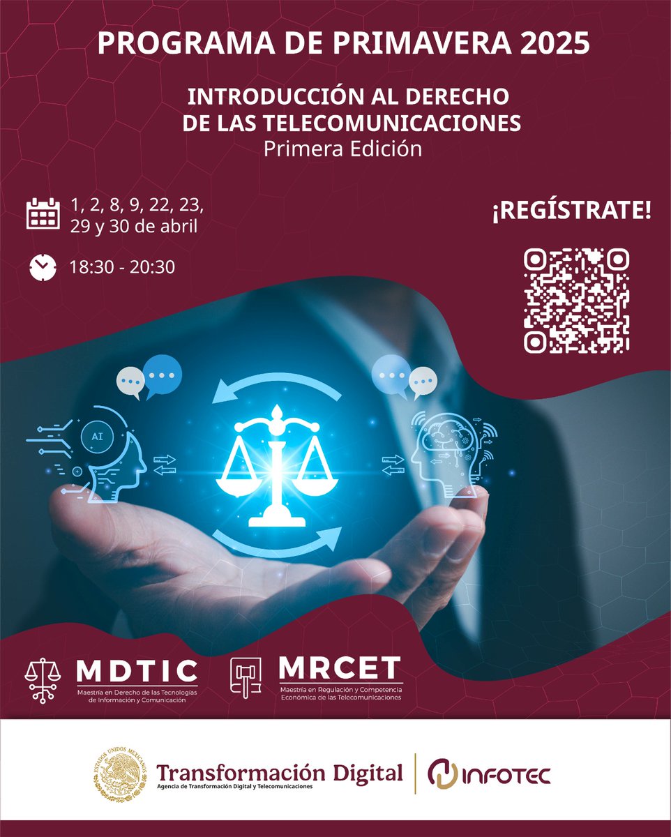 Si te interesan los temas relacionados al derecho y las tecnologías de la información y comunicación, participa en las actividades académicas de este programa. Escanea el código QR de la imagen o da click en el enlace para conocer más.
docs.google.com/forms/d/e/1FAI…