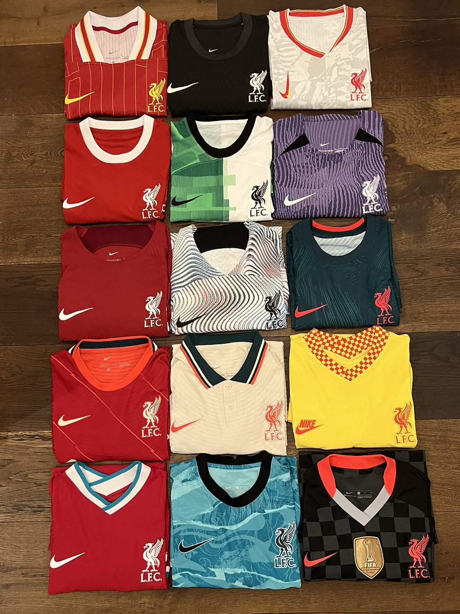 CMFootyShirts's tweet photo. With Nike’s reign as Liverpool’s shirt provider seemingly coming to an end, this is my complete collection of all commercially available, player spec shirts by Nike. Some that will go down as classics (21/22 away) some not so classic (22/23 away). Not a bad set altogether imo. https://t.co/boieOSNpjU