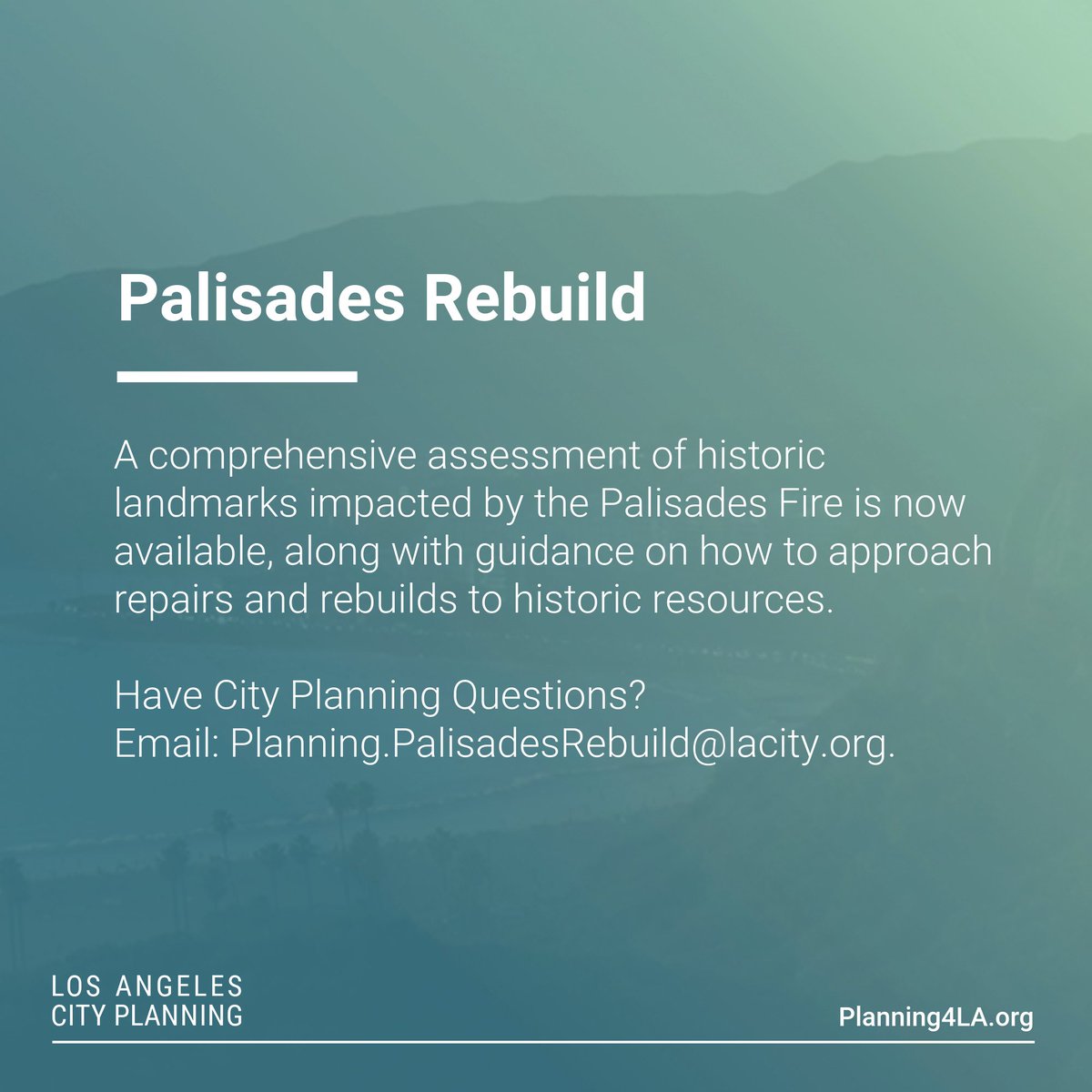 🏛️ Landmarks Impacted by the Palisades Fire             📄 View the full summary of fire impacts, SurveyLA Brentwood-Palisades Historic Resources Survey Report, and access guidance for property owners here: bit.ly/PalisadesFire-…
bit.ly/PalisadesHisto…
bit.ly/PalisadesFireG…