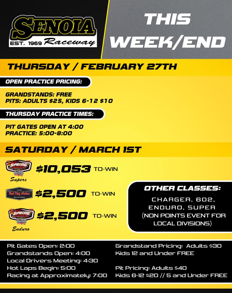 SenoiaR's tweet photo. UPCOMING THIS WEEK: OPEN Practice Thursday night, PLUS our first event of the 2025 season on Saturday night! Tell your friends, tell your family, because it’s time to go RACING at Senoia Raceway! https://t.co/VHprdk4S3y