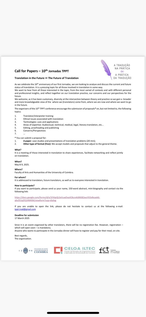 CfP: 10th Jornadas TPPT: Translation in the Future - The Future of Translation. Deadline: March 17, 2025.

Submission link: docs.google.com/forms/d/e/1FAI…