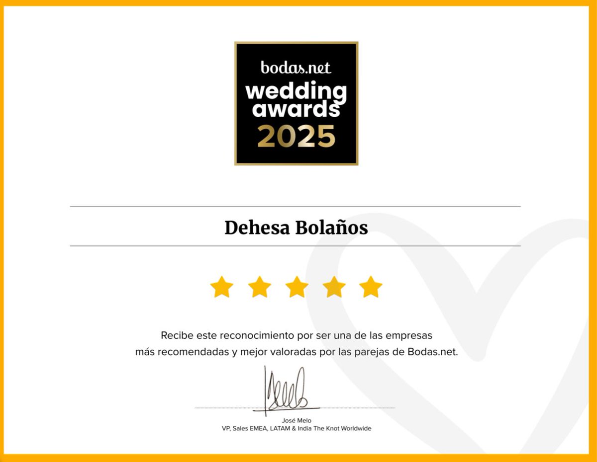 dehesabolanos's tweet photo. ✨ ¡Estamos de celebración! ✨

Hemos sido galardonados por cuarto año consecutivo con el Premio Wedding Awards 2025 de @bodasnet . 🎉 https://t.co/lfzVsGUQJB