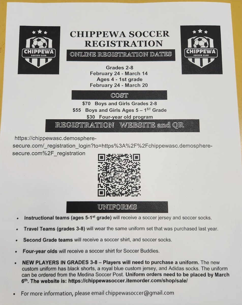 CISChipps's tweet photo. Youth soccer registration 
#CISchipps #ChippewaProud https://t.co/LZRlz9skW1