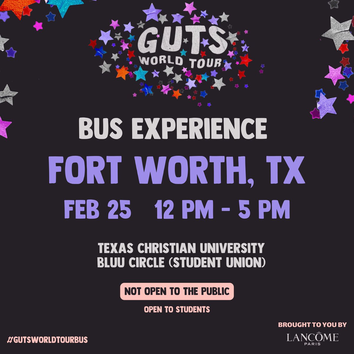 wrecking all our plans to visit the lancôme x #GUTSWorldTourBus experience <a href="/TCU/">TCU</a> 🚌

this experience is only open to students from 12-5pm 📣💜 see you tomorrow!!!